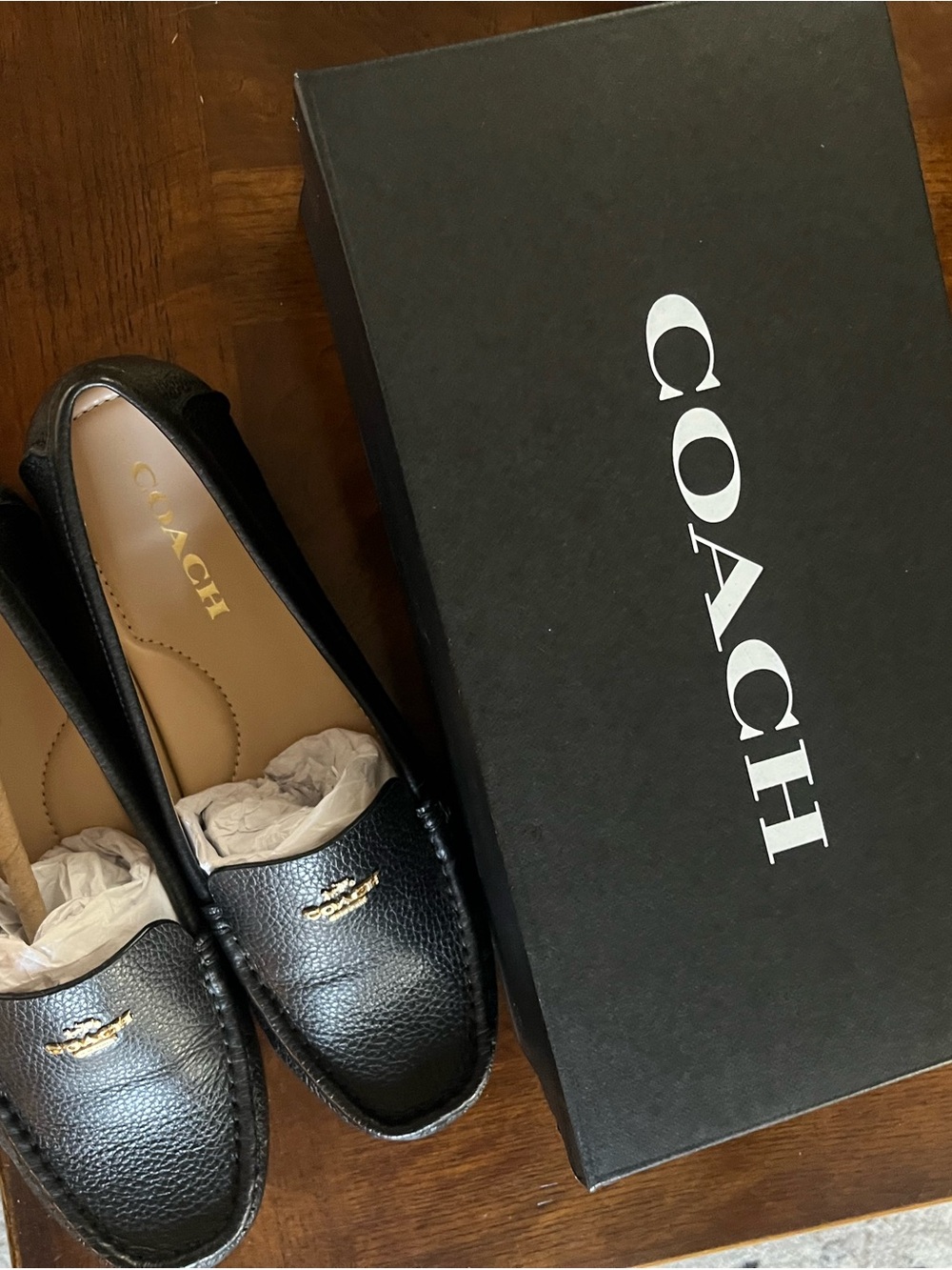 Coach Black Leather Women's driving Mocs with Gold Accent